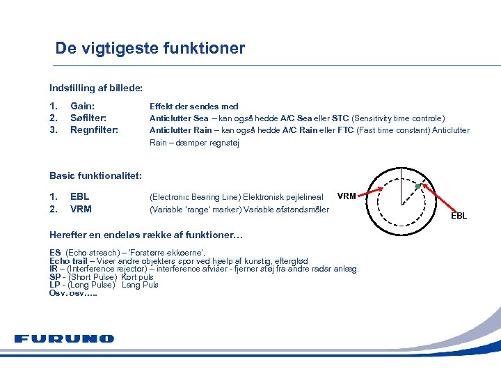 De vigtigeste funktioner Indstilling af billede: 1. 2. 3. Gain: Søfilter: Regnfilter: Effekt der