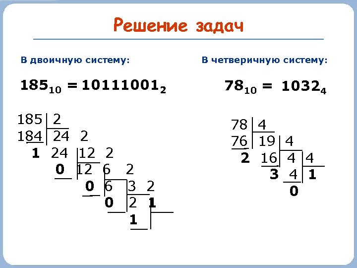 Решение задач В двоичную систему: 18510 = 101110012 185 2 184 24 2 1