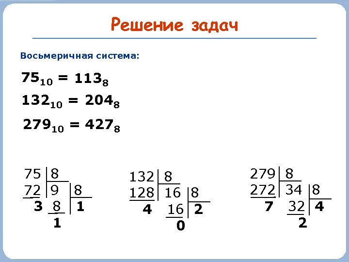 Решение задач Восьмеричная система: 7510 = 1138 13210 = 2048 27910 = 4278 75