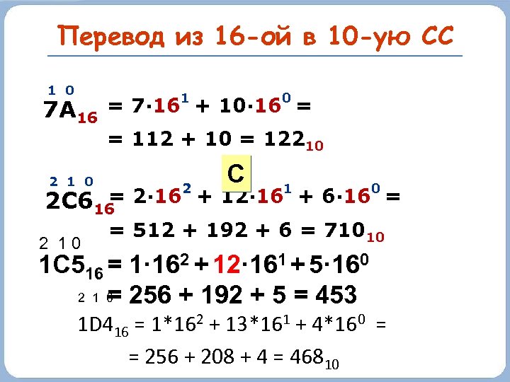 Перевод из 16 -ой в 10 -ую СС 1 0 7 А 16 2