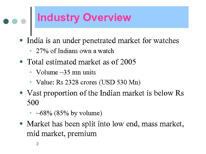 Industry Overview § India is an under penetrated market for watches • 27% of