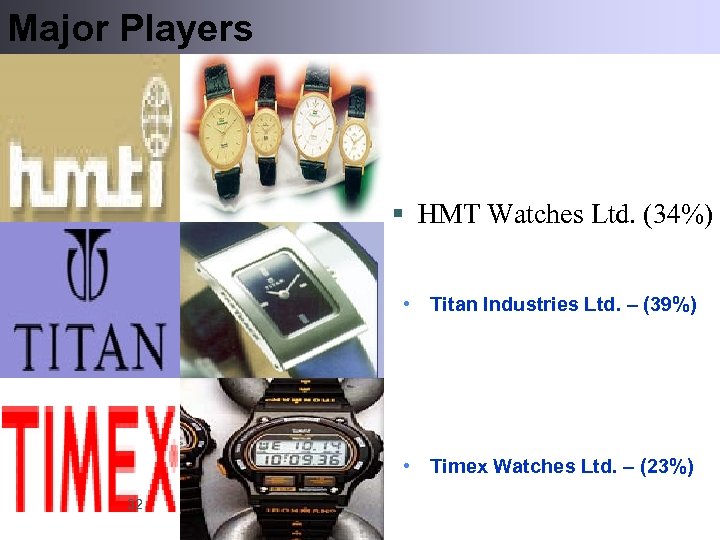 Major Players § HMT Watches Ltd. (34%) • Titan Industries Ltd. – (39%) •