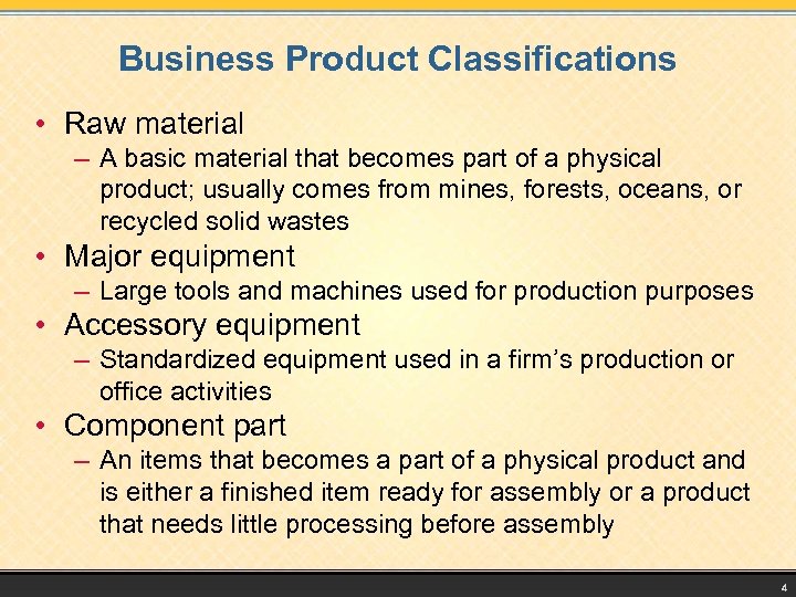 Business Product Classifications • Raw material – A basic material that becomes part of