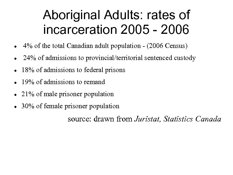 Aboriginal Adults: rates of incarceration 2005 - 2006 4% of the total Canadian adult