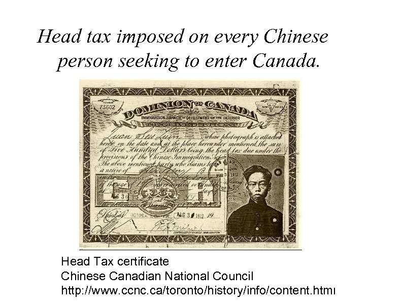 Head tax imposed on every Chinese person seeking to enter Canada. Head Tax certificate