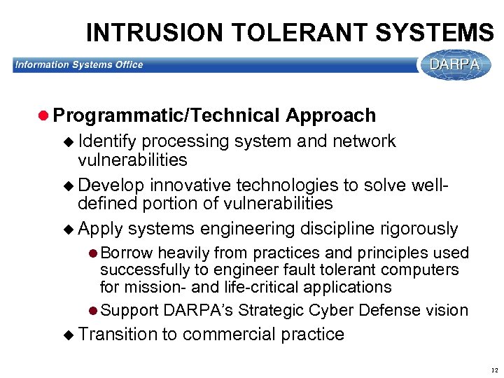 INTRUSION TOLERANT SYSTEMS l Programmatic/Technical Approach u Identify processing system and network vulnerabilities u