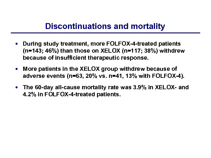 Discontinuations and mortality During study treatment, more FOLFOX-4 -treated patients (n=143; 46%) than those