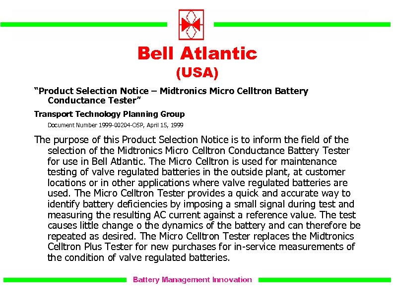 Bell Atlantic (USA) “Product Selection Notice – Midtronics Micro Celltron Battery Conductance Tester” Transport