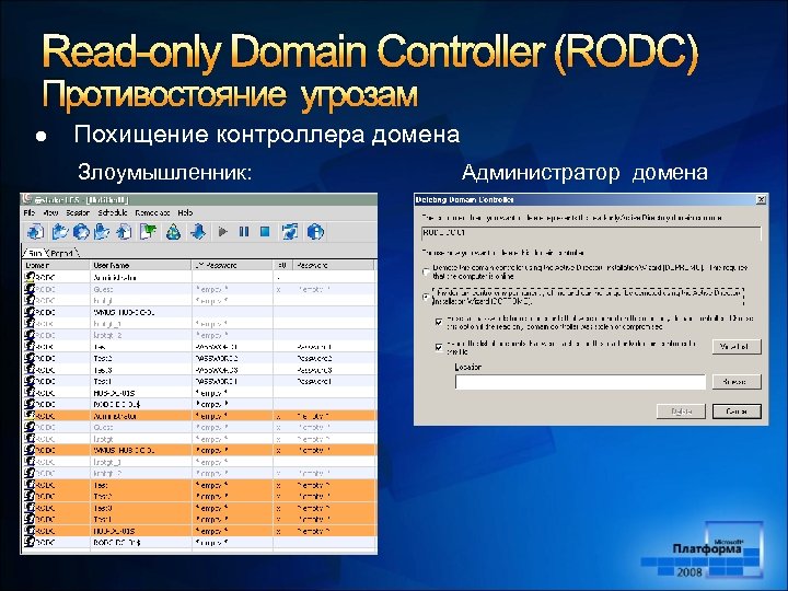 Read-only Domain Controller (RODC) Противостояние угрозам l Похищение контроллера домена Злоумышленник: Администратор домена 