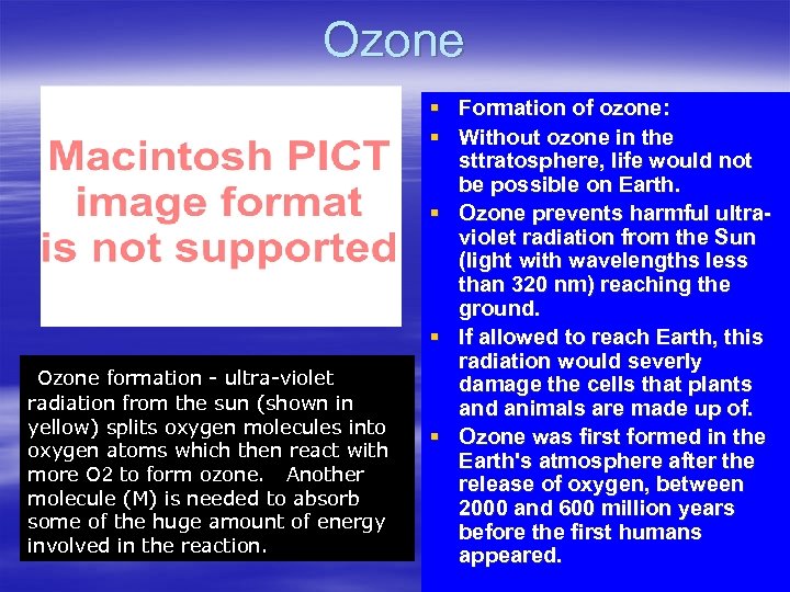 Ozone formation - ultra-violet radiation from the sun (shown in yellow) splits oxygen molecules
