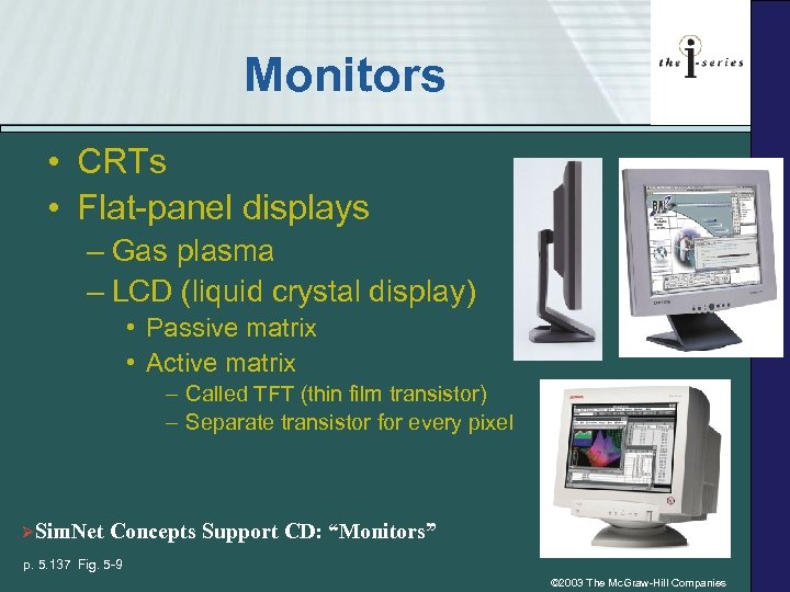 Monitors • CRTs • Flat-panel displays – Gas plasma – LCD (liquid crystal display)