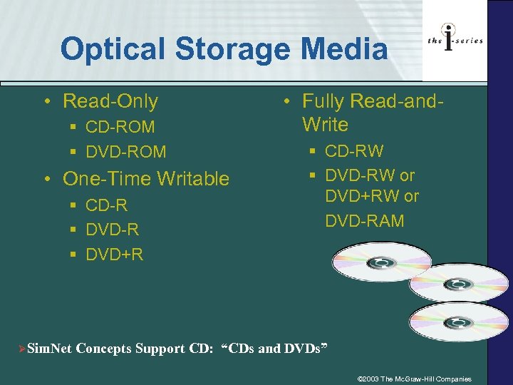 Optical Storage Media • Read-Only § CD-ROM § DVD-ROM • One-Time Writable § CD-R