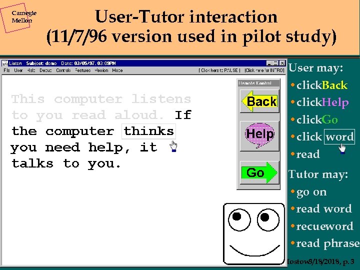 Carnegie Mellon User-Tutor interaction (11/7/96 version used in pilot study) User may: • click.