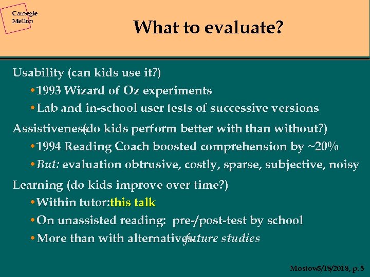 Carnegie Mellon What to evaluate? Usability (can kids use it? ) • 1993 Wizard