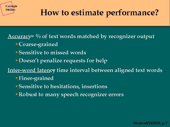 Carnegie Mellon How to estimate performance? Accuracy= % of text words matched by recognizer