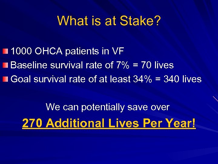 What is at Stake? 1000 OHCA patients in VF Baseline survival rate of 7%