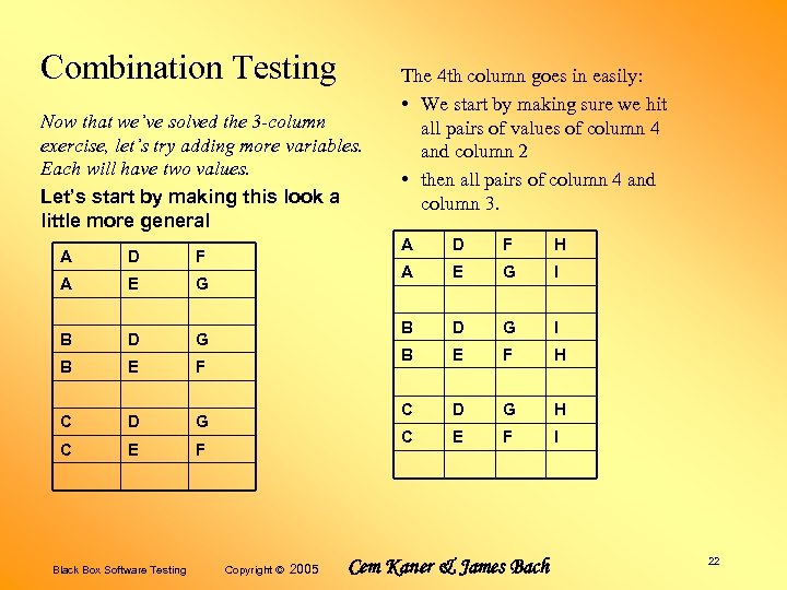 Combination Testing Now that we’ve solved the 3 -column exercise, let’s try adding more