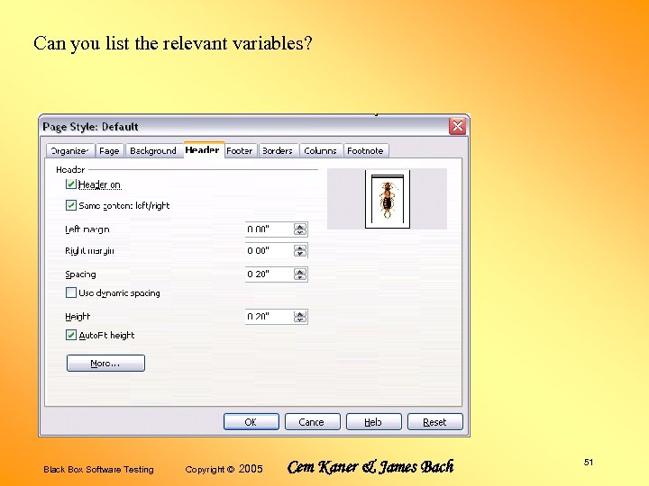 Can you list the relevant variables? Black Box Software Testing Copyright © 2005 Cem