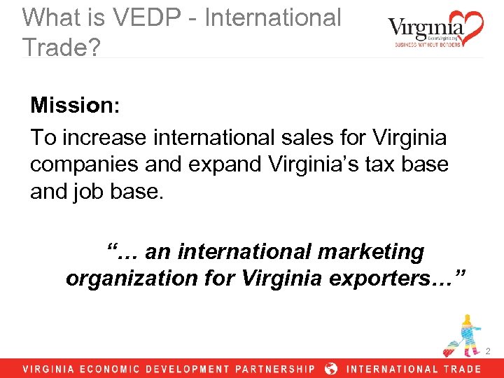 What is VEDP - International Trade? Mission: To increase international sales for Virginia companies