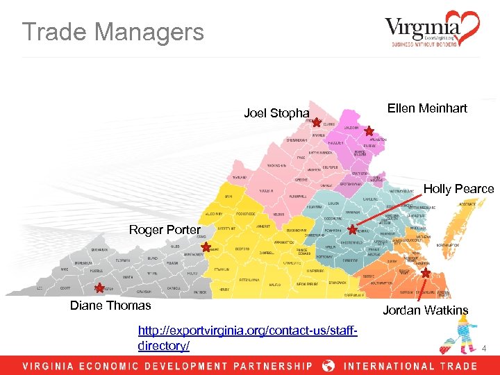 Trade Managers Joel Stopha Ellen Meinhart Holly Pearce Roger Porter Diane Thomas http: //exportvirginia.