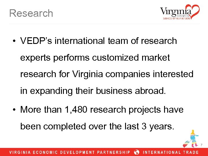 Research • VEDP’s international team of research experts performs customized market research for Virginia