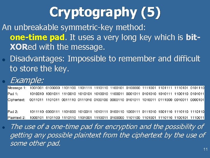 Cryptography (5) An unbreakable symmetric-key method: one-time pad. It uses a very long key