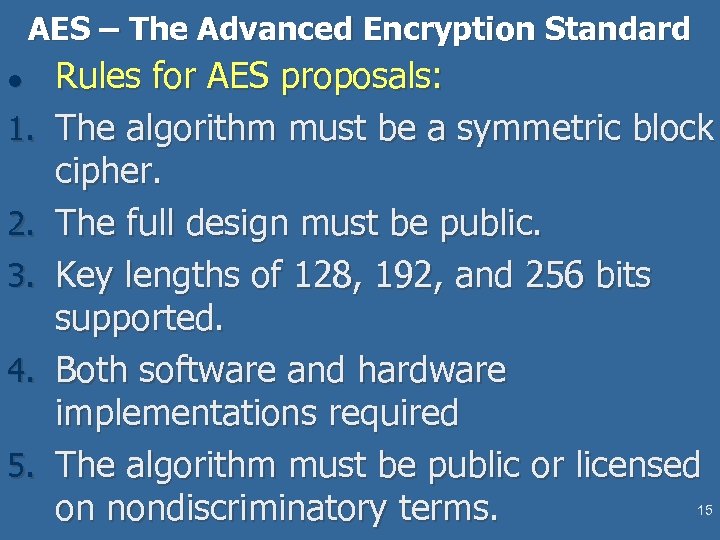 AES – The Advanced Encryption Standard l 1. 2. 3. 4. 5. Rules for