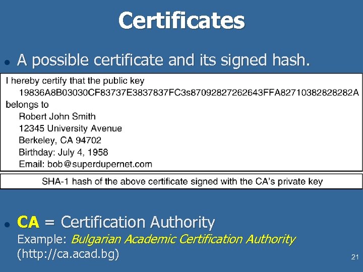 Certificates l A possible certificate and its signed hash. l CA = Certification Authority