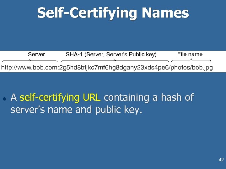 Self-Certifying Names l A self-certifying URL containing a hash of server's name and public