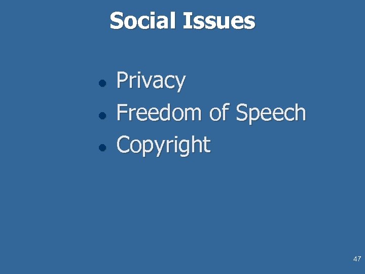 Social Issues l l l Privacy Freedom of Speech Copyright 47 