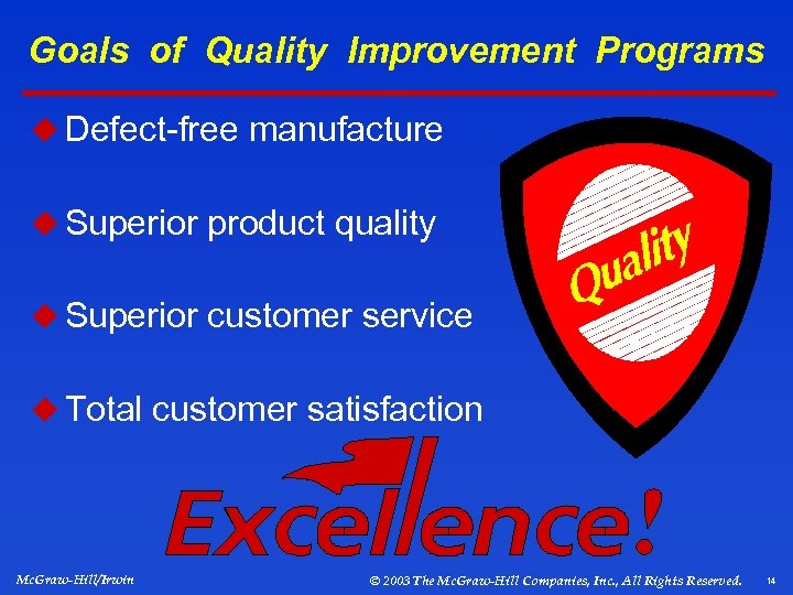 Goals of Quality Improvement Programs u Defect-free manufacture u Superior product quality u Superior