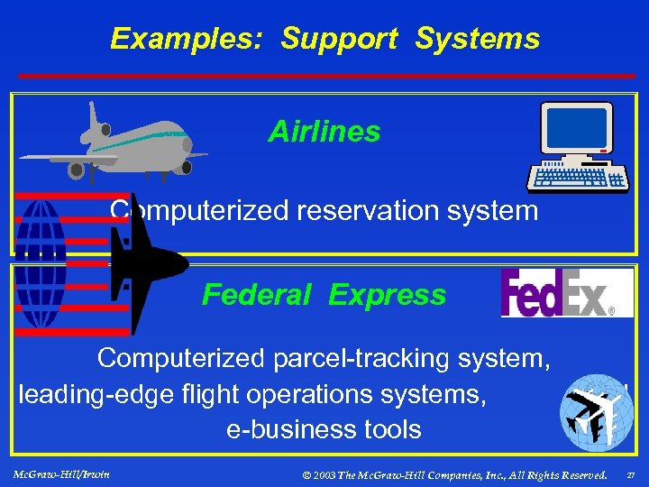 Examples: Support Systems Airlines Computerized reservation system Federal Express Computerized parcel-tracking system, leading-edge flight