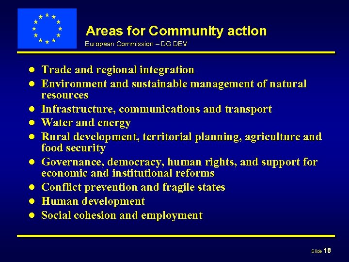 Areas for Community action European Commission – DG DEV ● ● ● ● ●