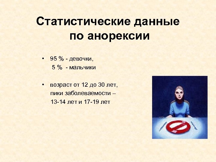 Статистические данные по анорексии • 95 % - девочки, 5 % - мальчики •