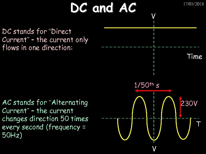 DC and AC 17/03/2018 V DC stands for “Direct Current” – the current only