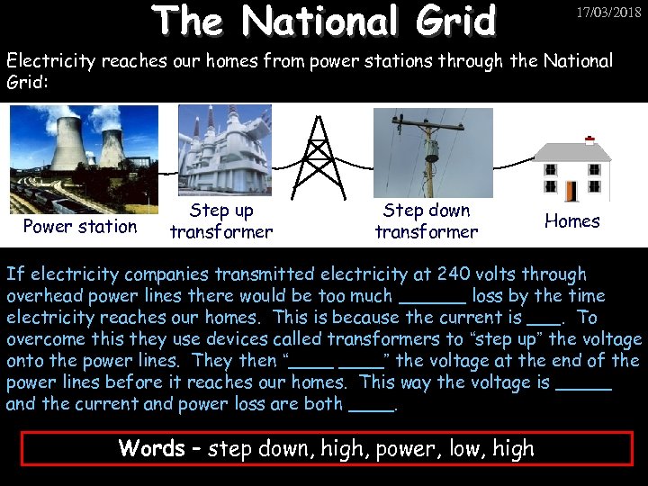 The National Grid 17/03/2018 Electricity reaches our homes from power stations through the National