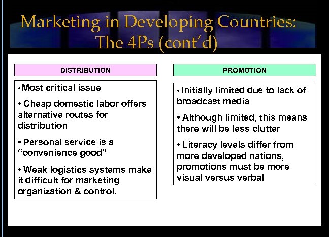 Marketing in Developing Countries: The 4 Ps (cont’d) DISTRIBUTION PROMOTION • Most critical issue
