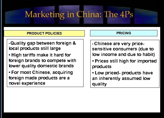 Marketing in China: The 4 Ps PRODUCT POLICIES • Quality gap between foreign &