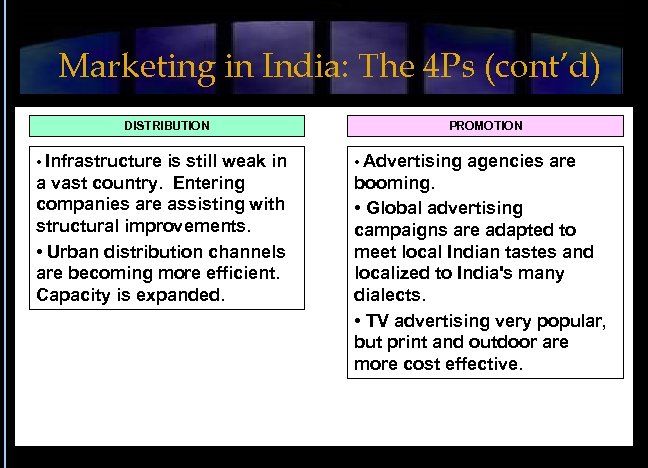 Marketing in India: The 4 Ps (cont’d) DISTRIBUTION PROMOTION • Infrastructure is still weak