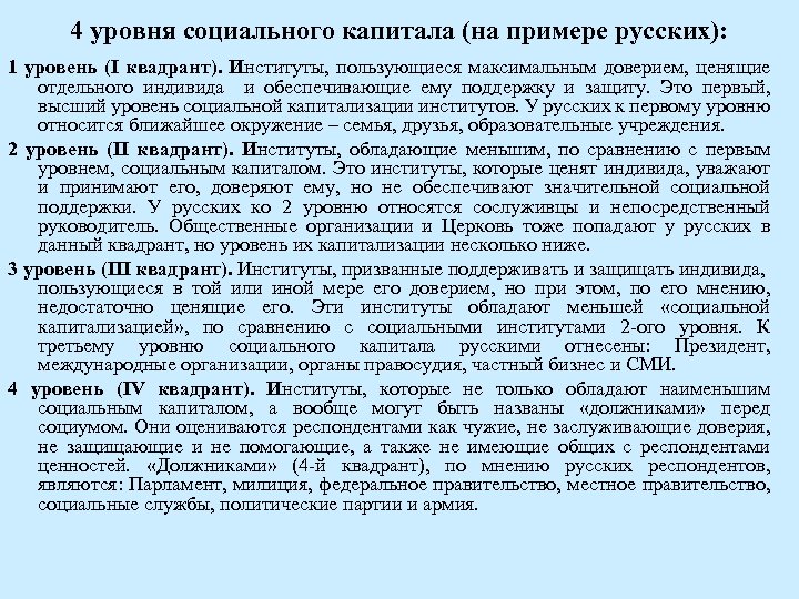 4 уровня социального капитала (на примере русских): 1 уровень (I квадрант). Институты, пользующиеся максимальным