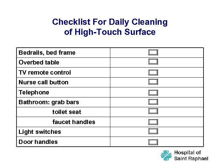 Checklist For Daily Cleaning of High-Touch Surface Bedrails, bed frame Overbed table TV remote