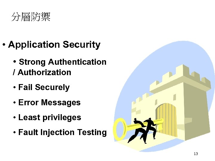 分層防禦 • Application Security • Strong Authentication / Authorization • Fail Securely • Error