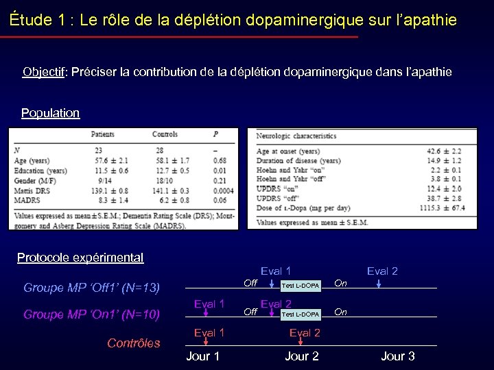 Étude 1 : Le rôle de la déplétion dopaminergique sur l’apathie Objectif: Préciser la