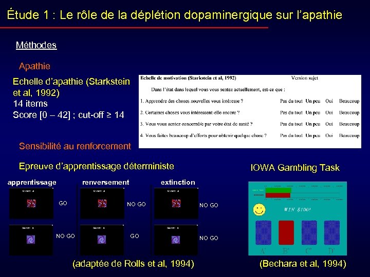 Étude 1 : Le rôle de la déplétion dopaminergique sur l’apathie Méthodes Apathie Echelle