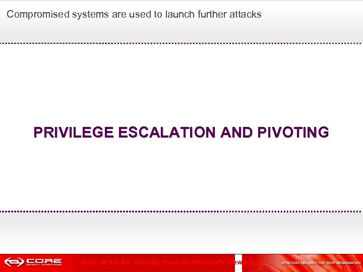  Compromised systems are used to launch further attacks PRIVILEGE ESCALATION AND PIVOTING State