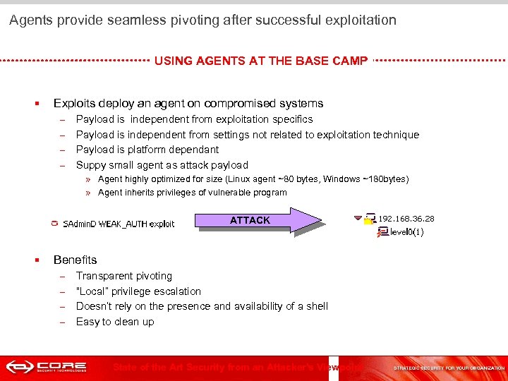  Agents provide seamless pivoting after successful exploitation USING AGENTS AT THE BASE CAMP