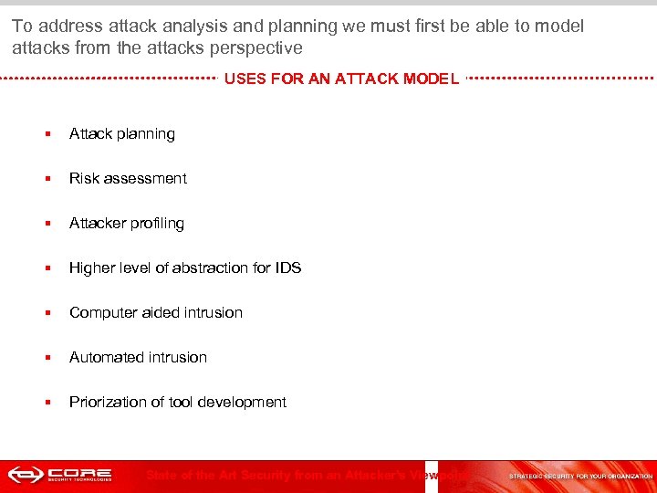  To address attack analysis and planning we must first be able to model