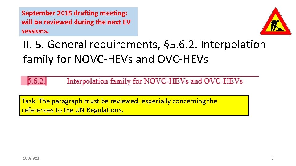 September 2015 drafting meeting: will be reviewed during the next EV sessions. II. 5.
