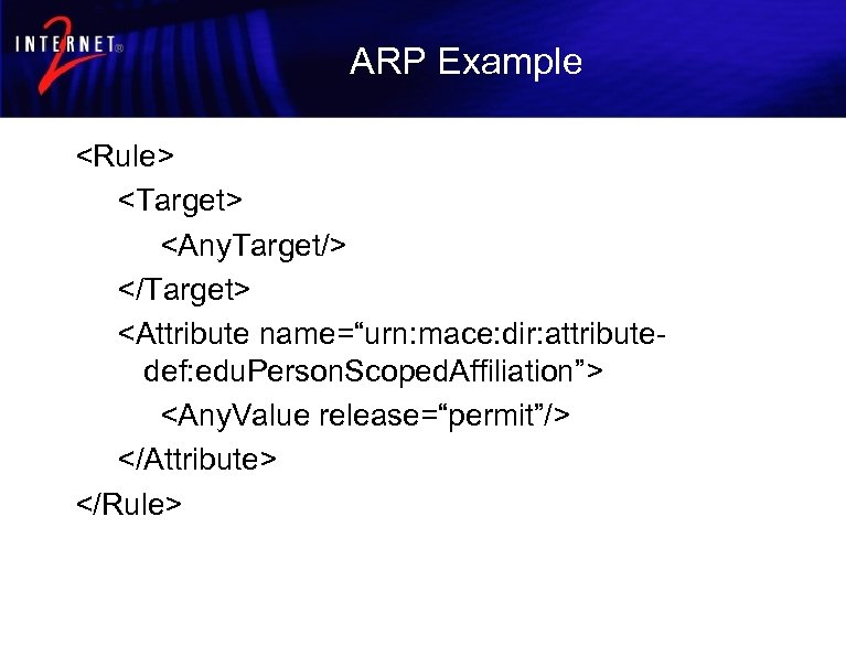 ARP Example <Rule> <Target> <Any. Target/> </Target> <Attribute name=“urn: mace: dir: attributedef: edu. Person.