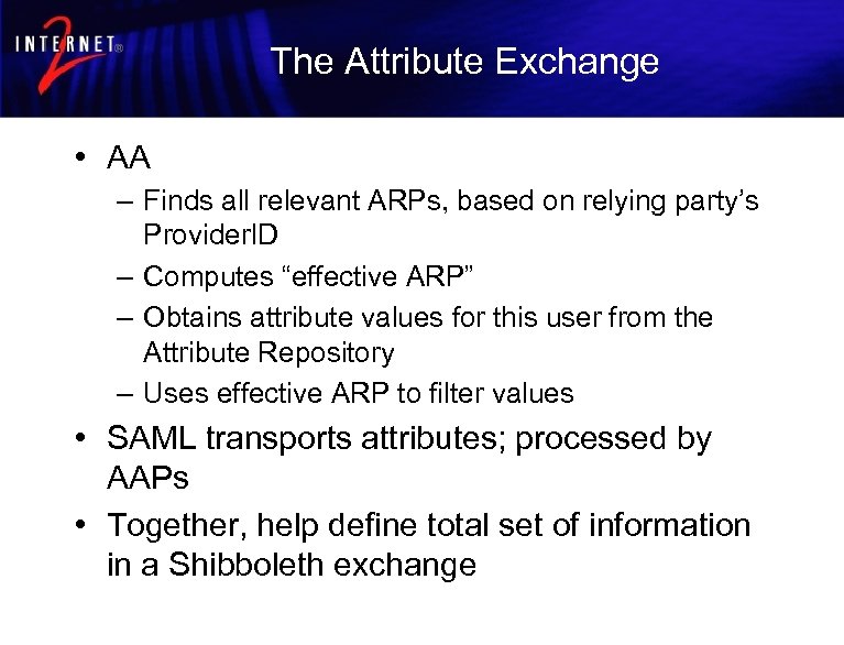 The Attribute Exchange • AA – Finds all relevant ARPs, based on relying party’s